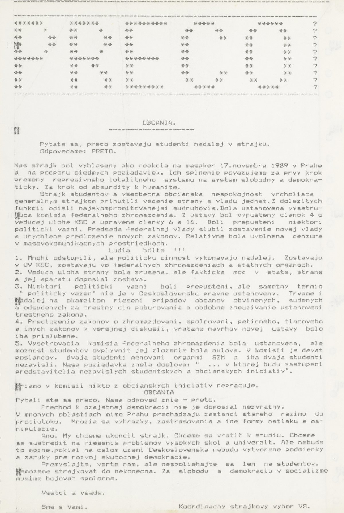 Vyhlásenia a prehlásenia (cyklostyl a počítačový výstup). 1989. Archív Gabriela Hošovského